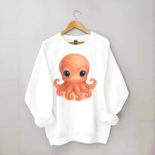 Baby Octopus - red-orange, eight tiny tentacles curled, large intelligent - Crewneck Sweatshirt - white