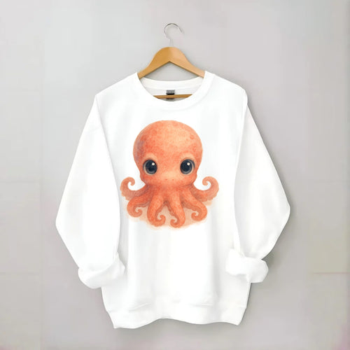 Baby Octopus - red-orange, eight tiny tentacles curled, large intelligent - Crewneck Sweatshirt