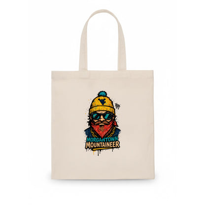 Morgantown Mountaineer wearing West Virginia beanie with WV patch - Tote Bag - white