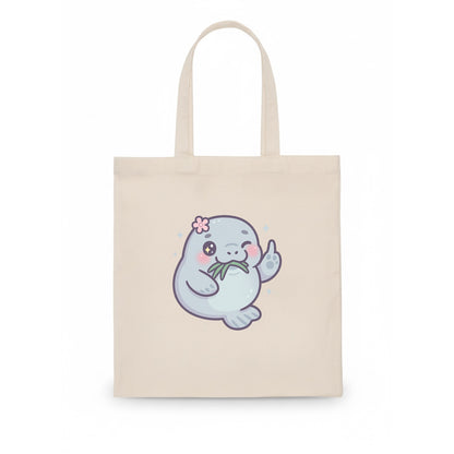 chubby manatee munching on seagrass, one flipper raised with sass - Tote Bag - white
