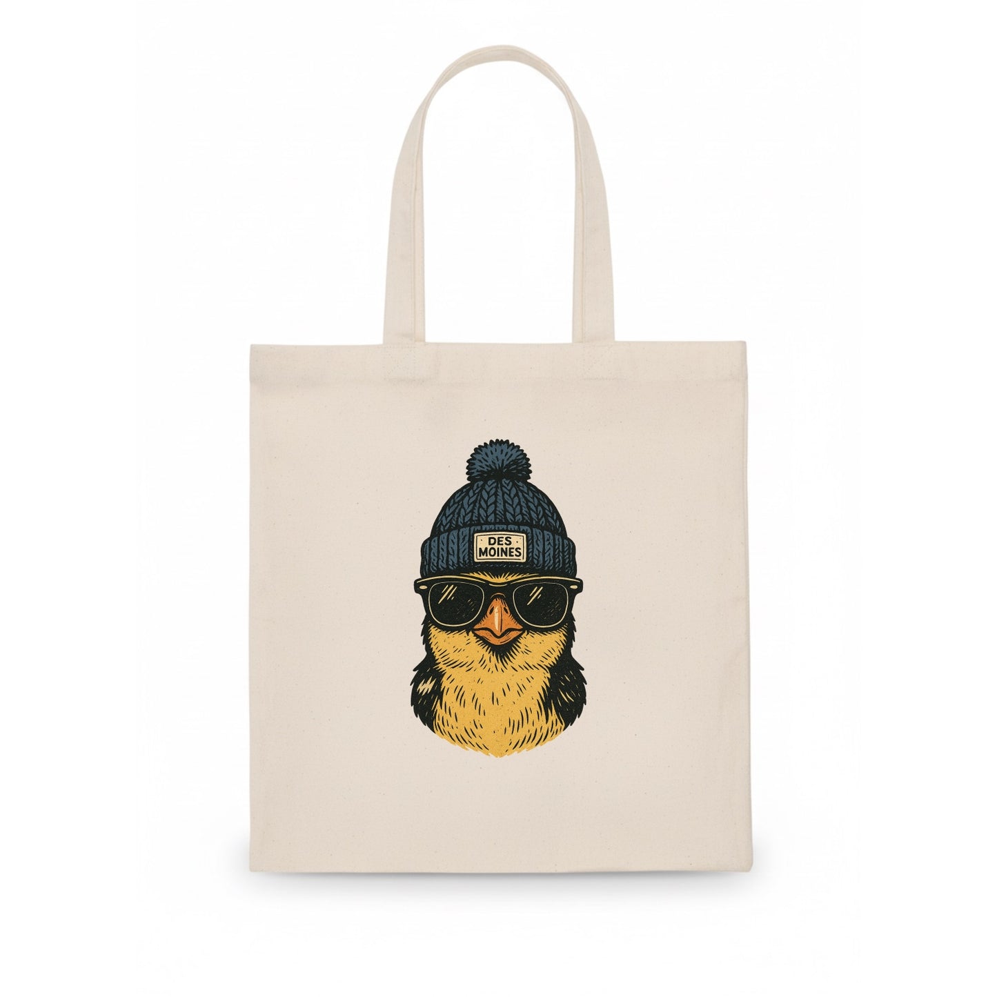 Iowa Goldfinch wearing Des Moines beanie with pom pom and wayfarer sunglasses - Tote Bag - white