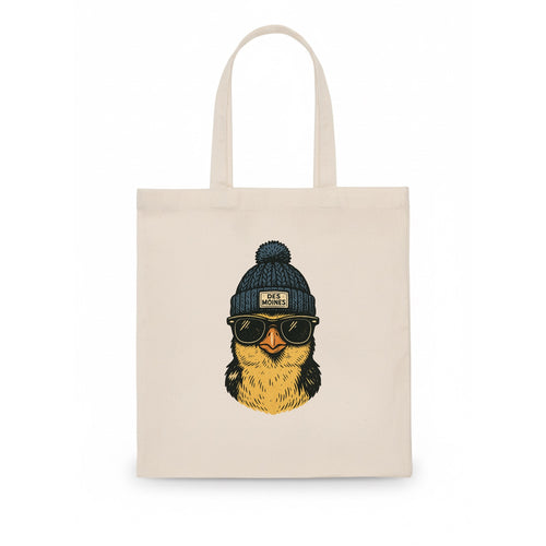 Iowa Goldfinch wearing Des Moines beanie with pom pom and wayfarer sunglasses - Tote Bag