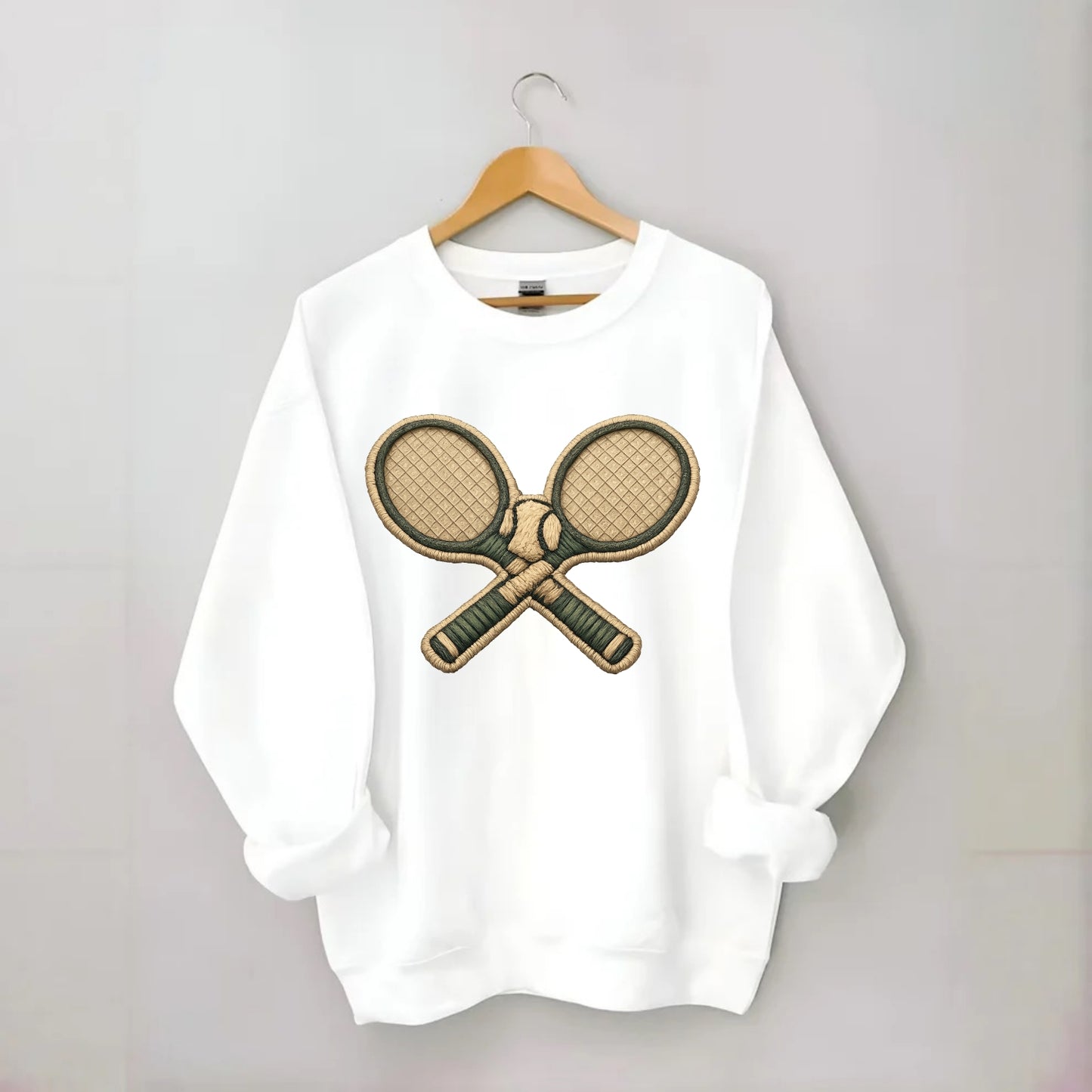 Embroidered patch design - TENNIS RACKET CROSSED - tennis rackets with ball - Crewneck Sweatshirt - white