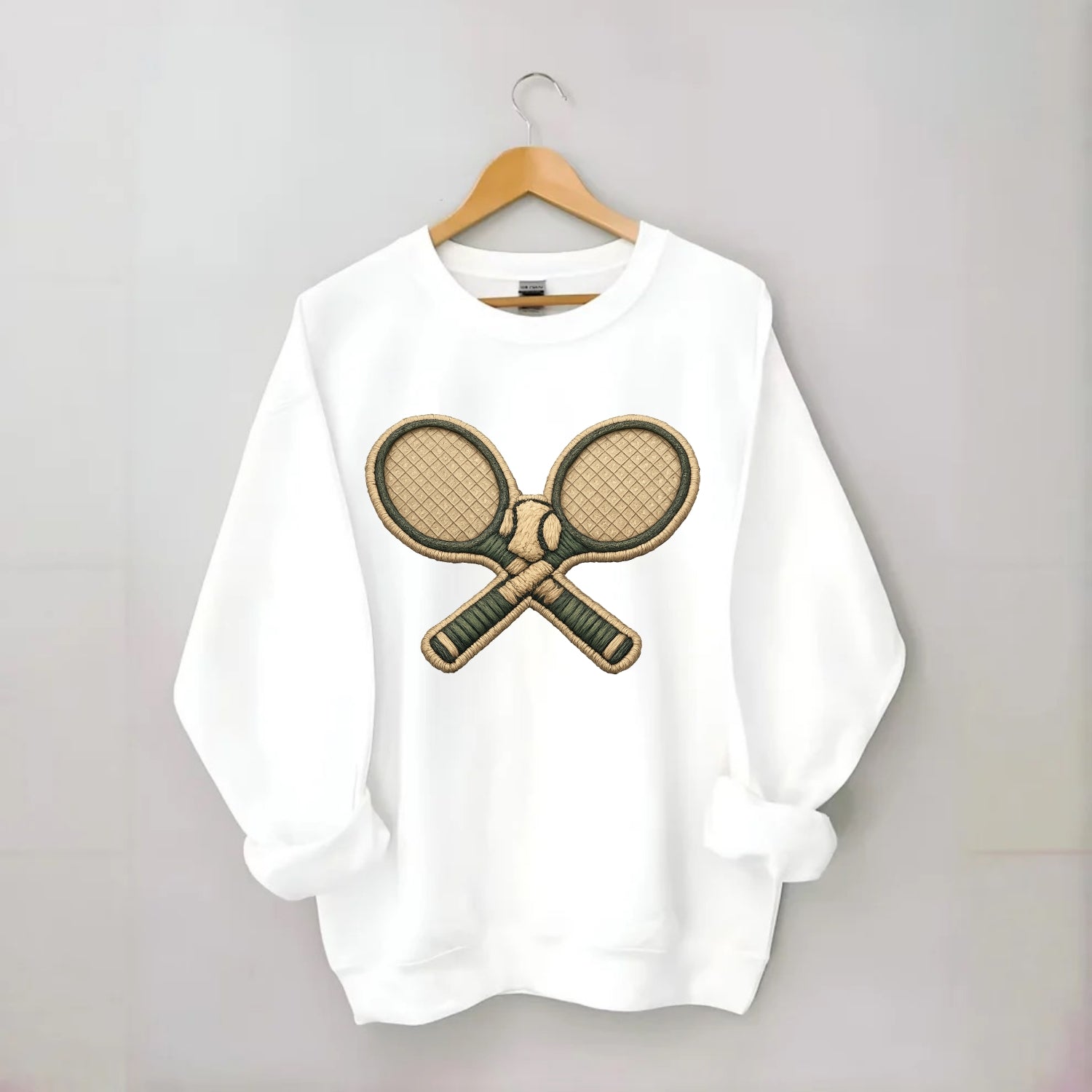 Embroidered patch design - TENNIS RACKET CROSSED - tennis rackets with ball - Crewneck Sweatshirt - white
