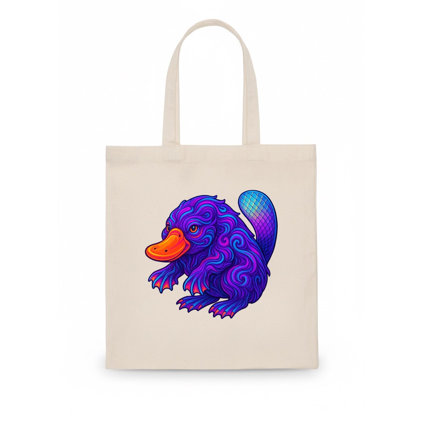 Quirky platypus with bill glowing in neon orange, beaver tail with holographic scales, - Tote Bag - white