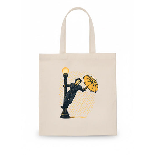 joyful dancing on lamppost in heavy rain with big smile - Tote Bag - white