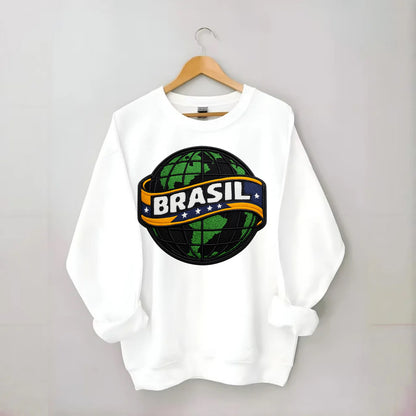 BRAZILIAN FLAG GLOBE - green globe with banner in green yellow blue , Brasil - Crewneck Sweatshirt - white