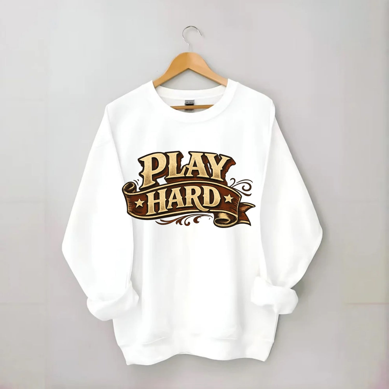 Bold typography design - "PLAY HARD" - giving your all, full effort - Crewneck Sweatshirt - white