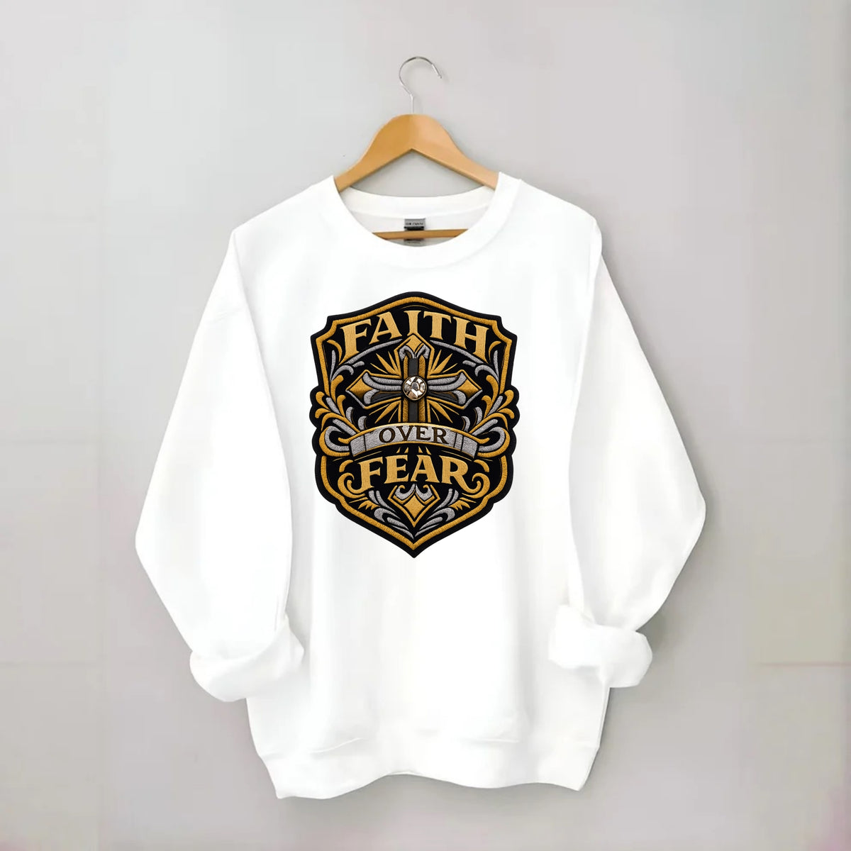 FAITH OVER FEAR - cross with text in gold , spiritual strength - Crewneck Sweatshirt - white