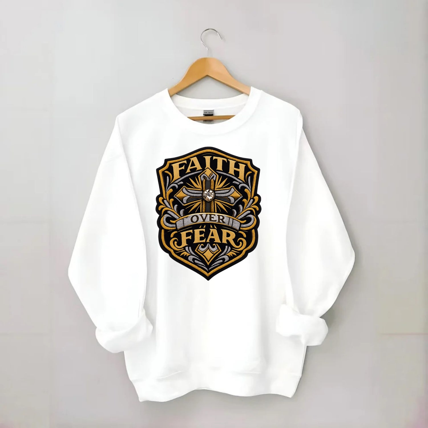 FAITH OVER FEAR - cross with text in gold , spiritual strength - Crewneck Sweatshirt - white