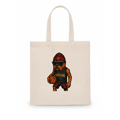 Cleveland Bulldog wearing Cavaliers wine and gold beanie with sword patch and wayfarer - Tote Bag - white