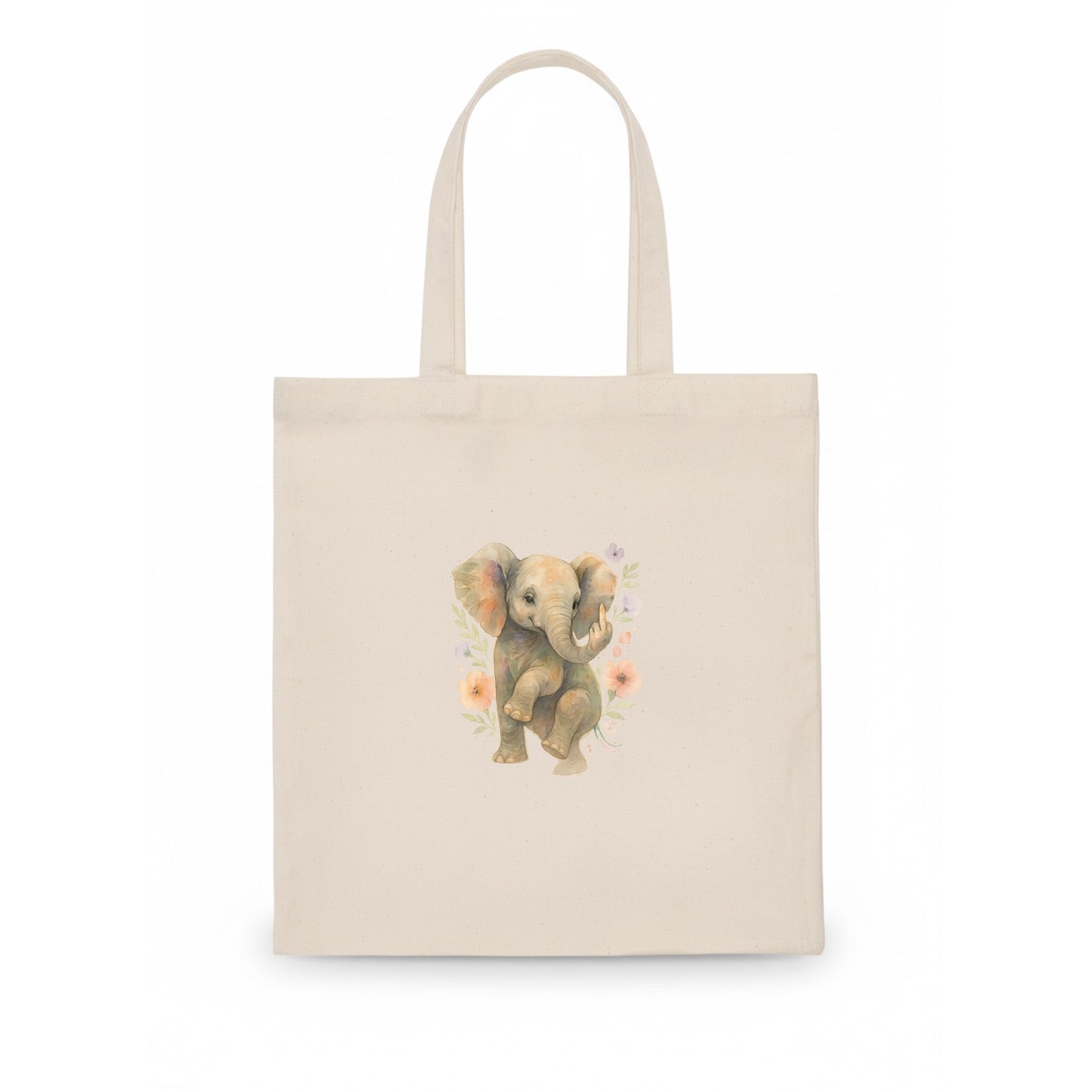 baby elephant with trunk up, one foot raised with middle toe extended - Tote Bag - white