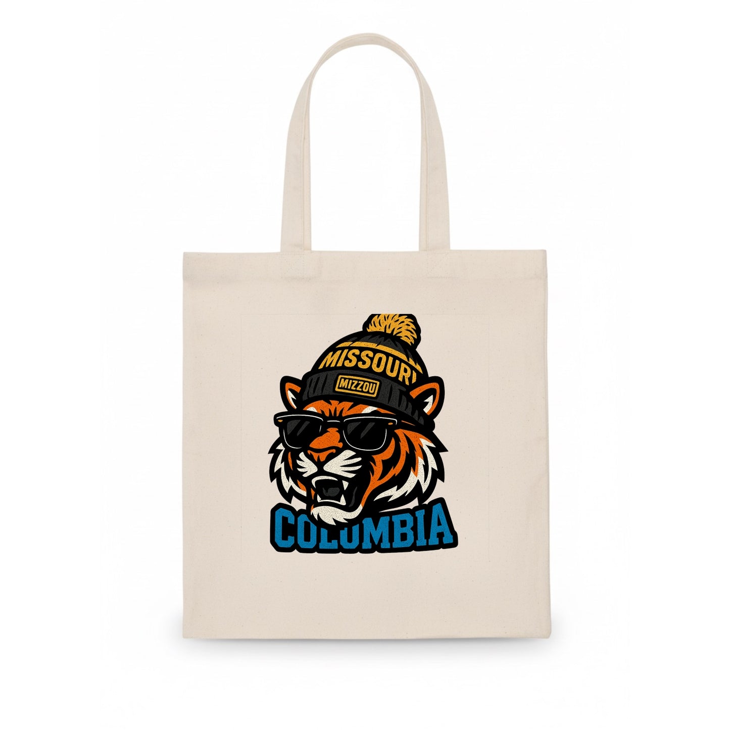 Columbia Tiger wearing Missouri beanie with Mizzou patch - Tote Bag - white
