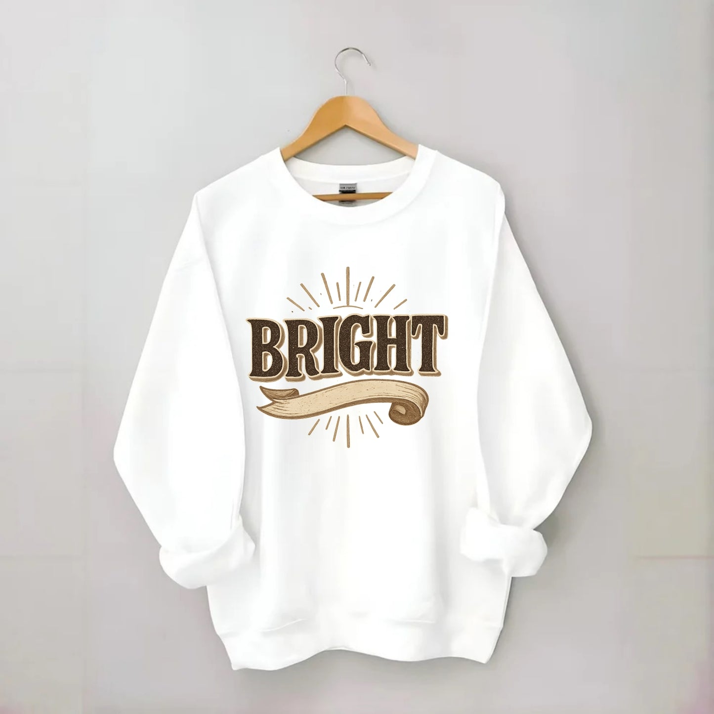 Bold typography design - "BRIGHT" - intelligent, shining - Crewneck Sweatshirt - white