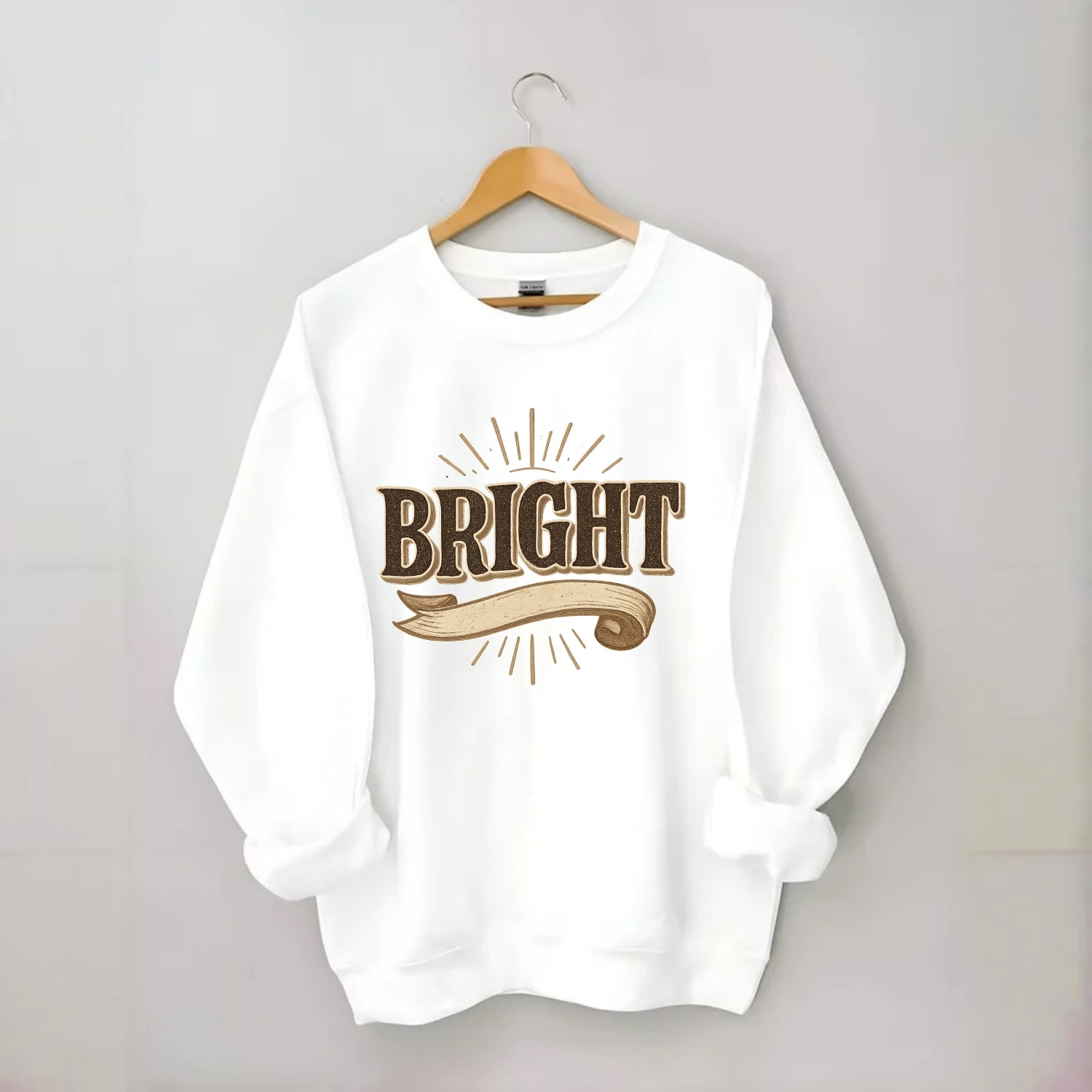 Bold typography design - "BRIGHT" - intelligent, shining - Crewneck Sweatshirt - white