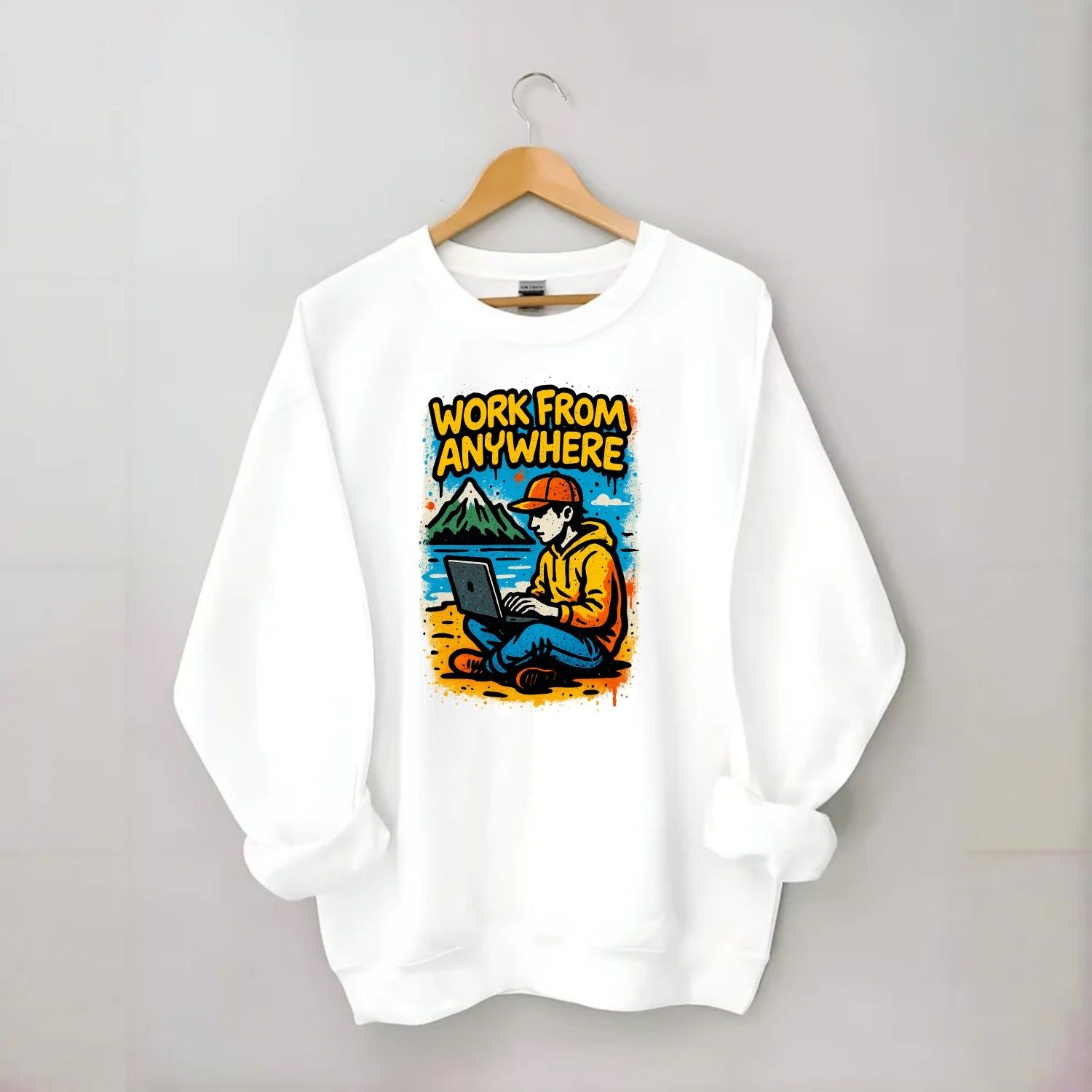 Digital nomad with laptop on beach/mountain - work from anywhere lifestyle, - Crewneck Sweatshirt - white