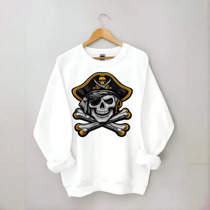PIRATE SKULL - Jolly Roger skull in black and white , pirate - Crewneck Sweatshirt - white