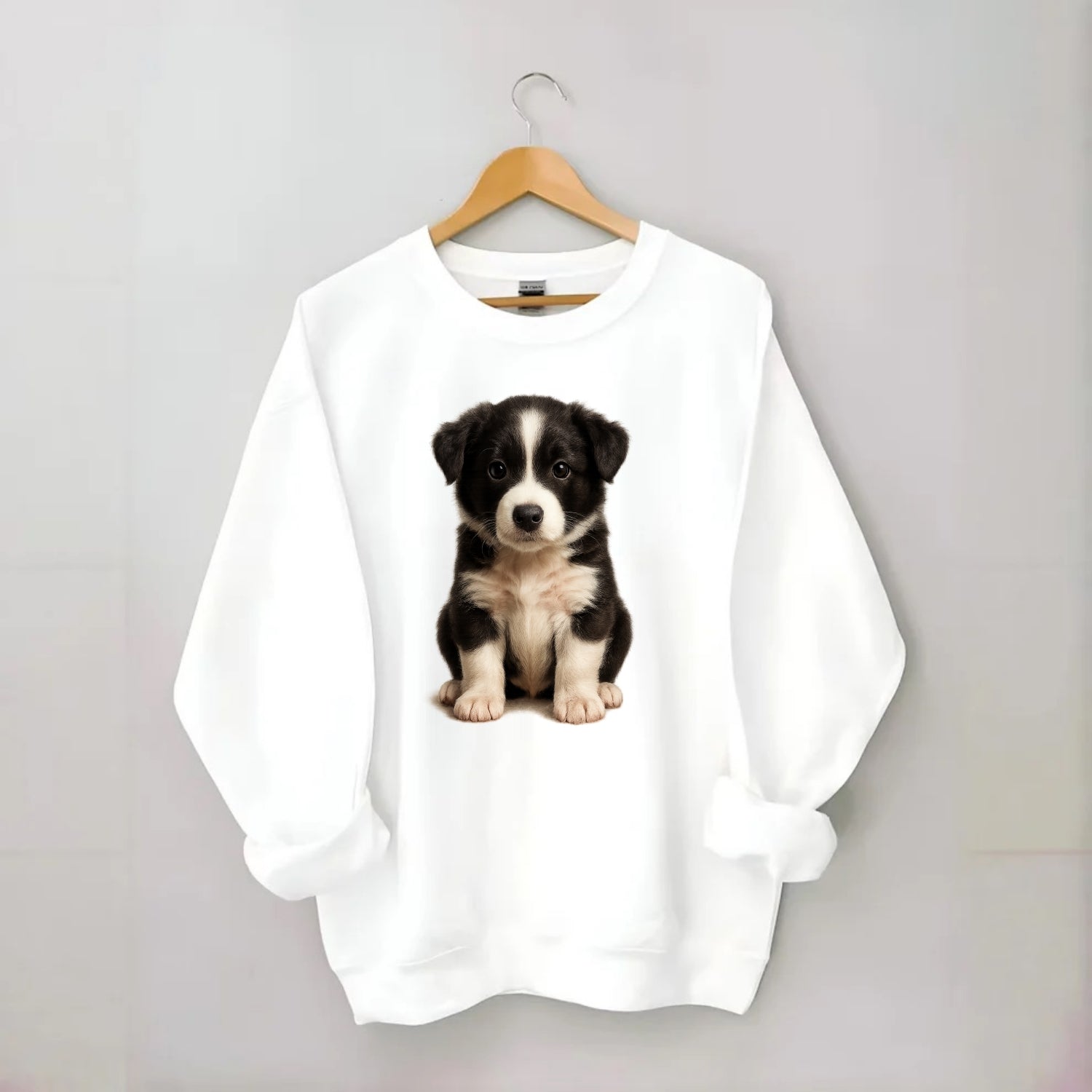 Baby Border Collie Puppy - black and white, intense smart eyes, athletic - Crewneck Sweatshirt - white