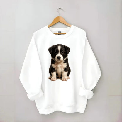 Baby Border Collie Puppy - black and white, intense smart eyes, athletic - Crewneck Sweatshirt - white