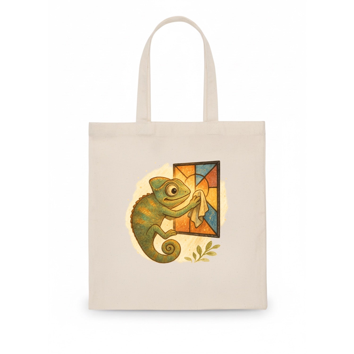 Chameleon blending into a stained-glass window it is polishing with delicate cloths - Tote Bag - white