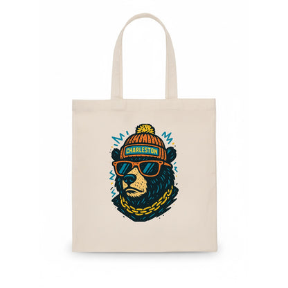 West Virginia Black Bear wearing Charleston beanie with pom pom and wayfarer sunglasses - Tote Bag - white