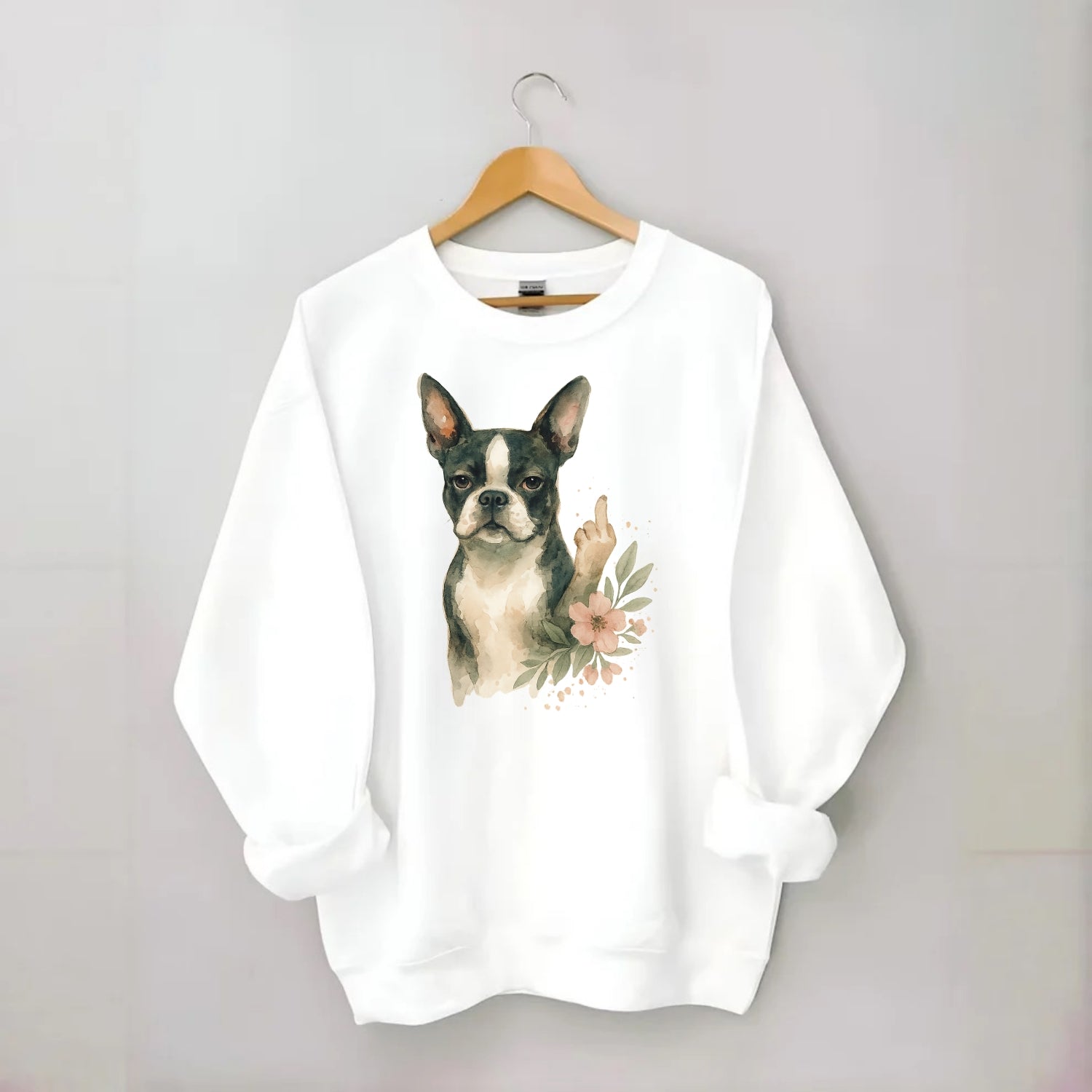 Boston Terrier with tuxedo markings, perky ears, paw up giving sass - Crewneck Sweatshirt - white