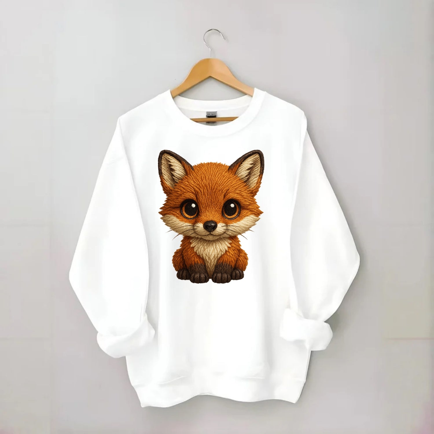 Baby Red Fox - russet fur, white chest, big amber eyes, perky ears, - Crewneck Sweatshirt - white