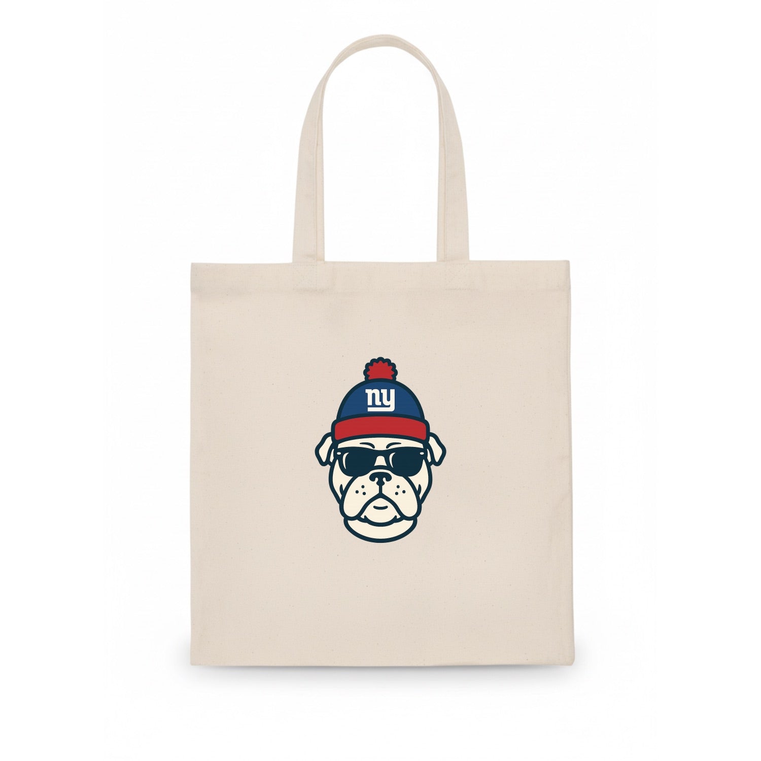 New York Bulldog wearing Giants blue and red beanie with pom pom and wayfarer sunglasses - Tote Bag - white