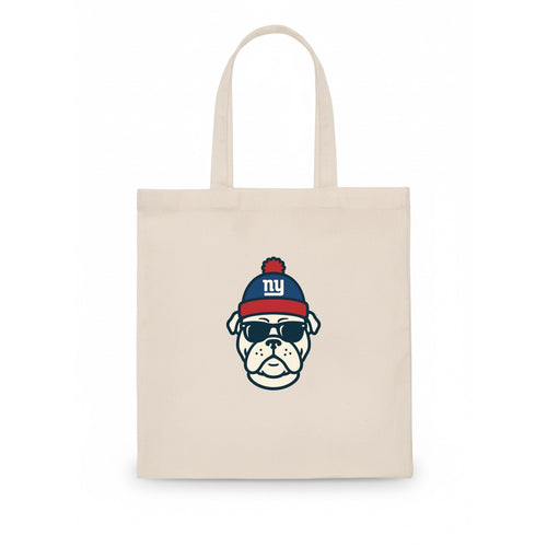 New York Bulldog wearing Giants blue and red beanie with pom pom and wayfarer sunglasses - Tote Bag