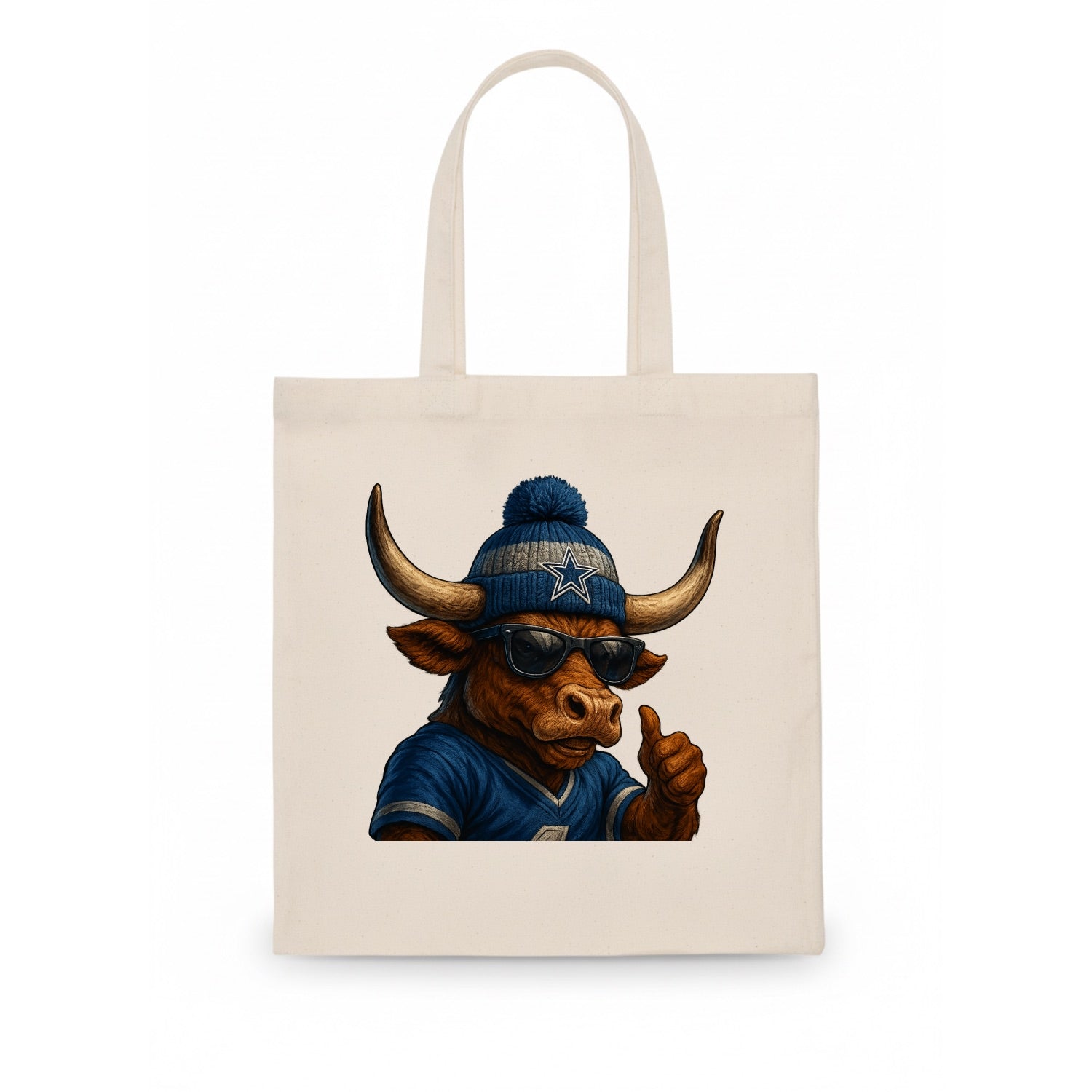 Texas Longhorn wearing Cowboys silver and blue beanie with star and wayfarer sunglasses - Tote Bag - white
