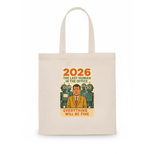 Single human worker surrounded by robot coworkers - The last human in the office - Tote Bag