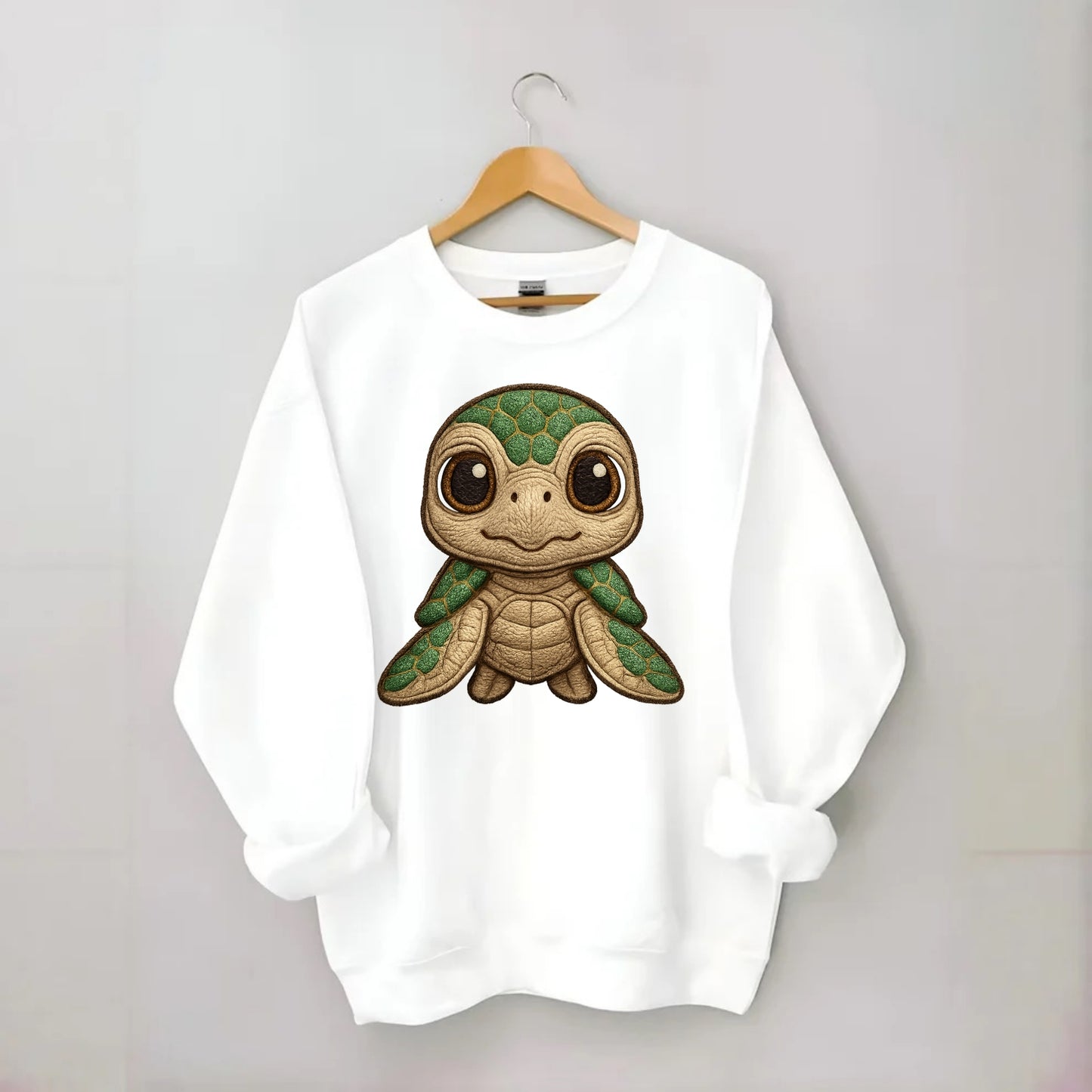 Baby Green Sea Turtle - emerald shell, large innocent brown eyes, tiny - Crewneck Sweatshirt - white