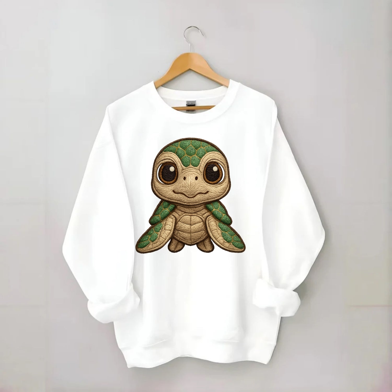 Baby Green Sea Turtle - emerald shell, large innocent brown eyes, tiny - Crewneck Sweatshirt - white