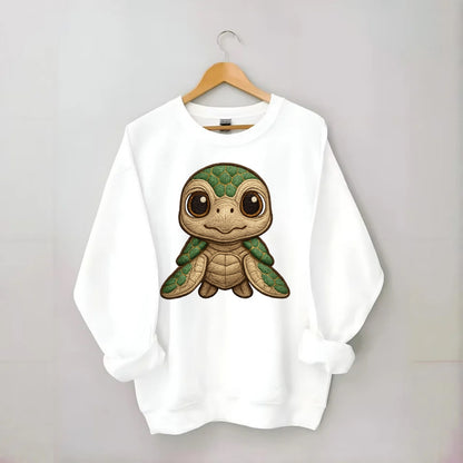 Baby Green Sea Turtle - emerald shell, large innocent brown eyes, tiny - Crewneck Sweatshirt - white
