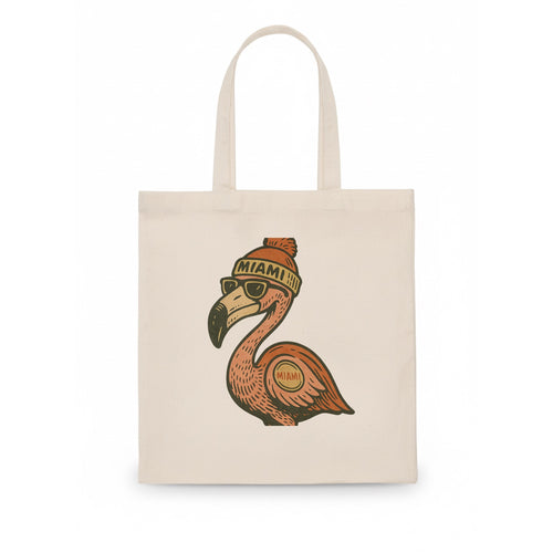 Miami Flamingo wearing Miami beanie with pom pom and wayfarer sunglasses - Tote Bag