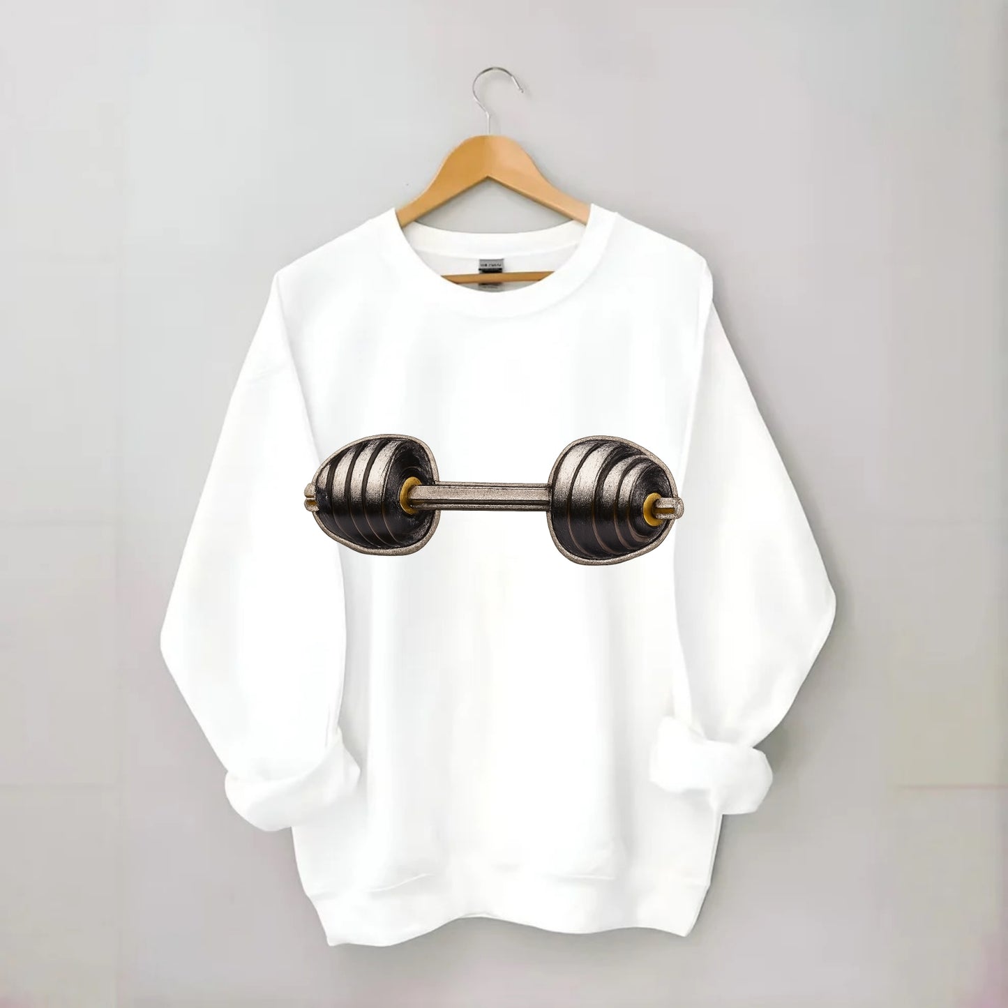 WEIGHTLIFTING BARBELL - heavy barbell with plates in silver and black , iron - Crewneck Sweatshirt - white