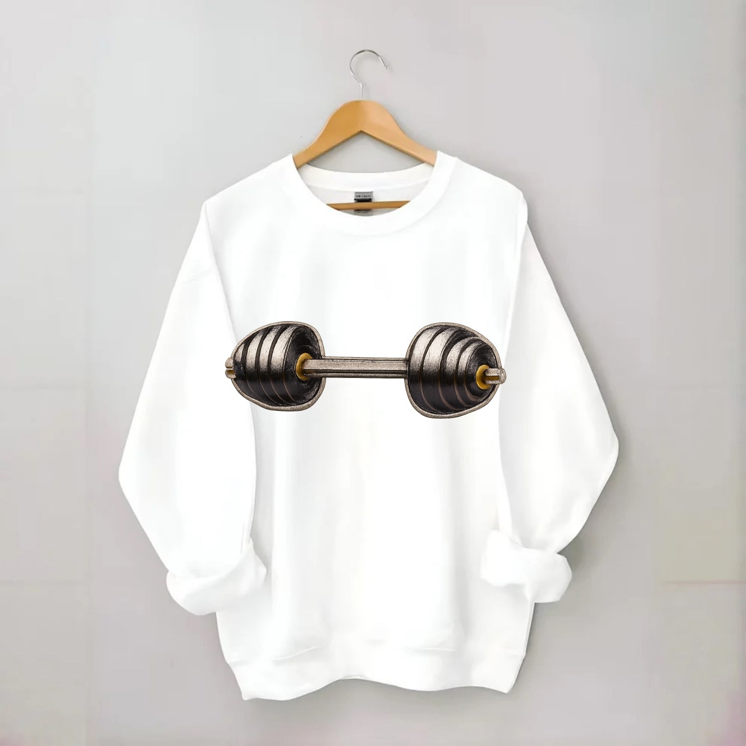 WEIGHTLIFTING BARBELL - heavy barbell with plates in silver and black , iron - Crewneck Sweatshirt - white