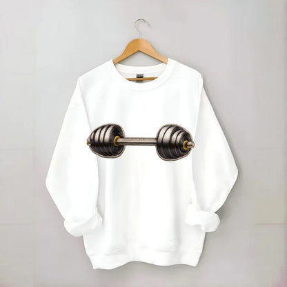 WEIGHTLIFTING BARBELL - heavy barbell with plates in silver and black , iron - Crewneck Sweatshirt - white