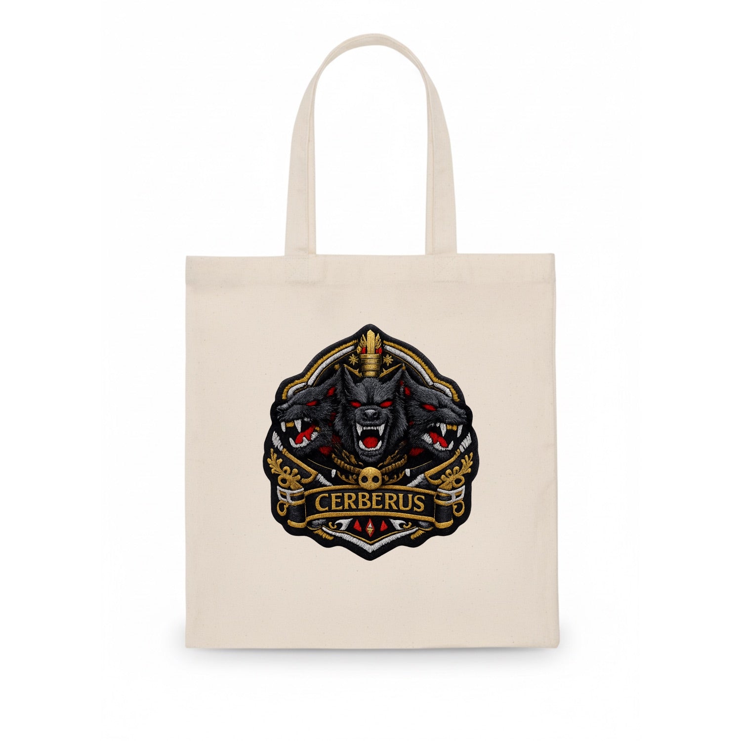 CERBERUS THREE HEADS - triple hound in black and red , underworld - Tote Bag - white