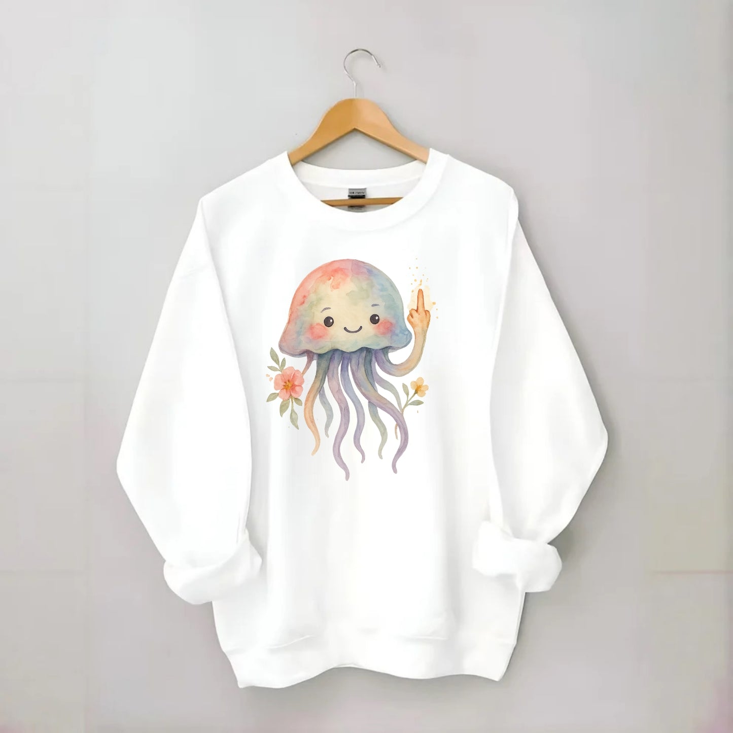 jellyfish with kawaii face and tentacles, one tentacle pointing up defiantly - Crewneck Sweatshirt - white