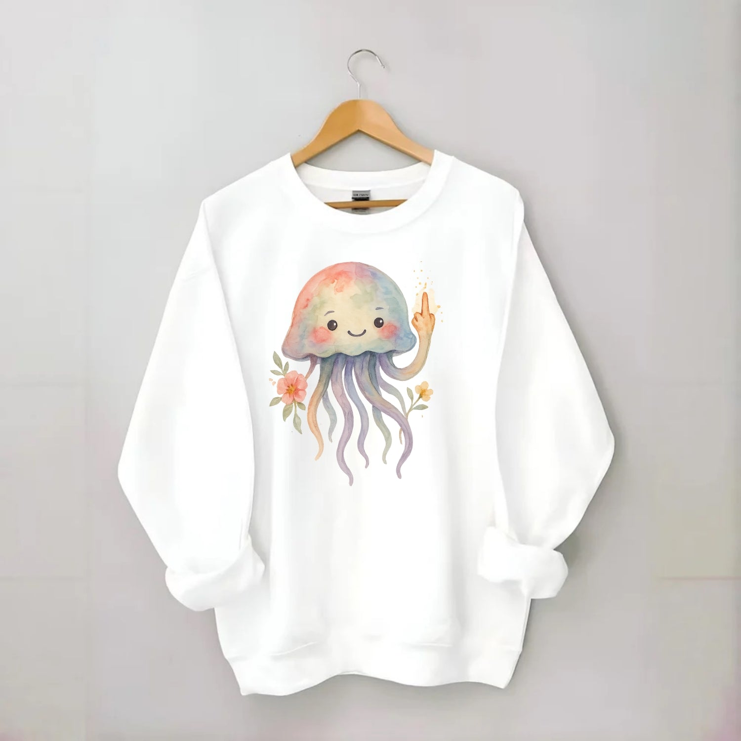 jellyfish with kawaii face and tentacles, one tentacle pointing up defiantly - Crewneck Sweatshirt - white