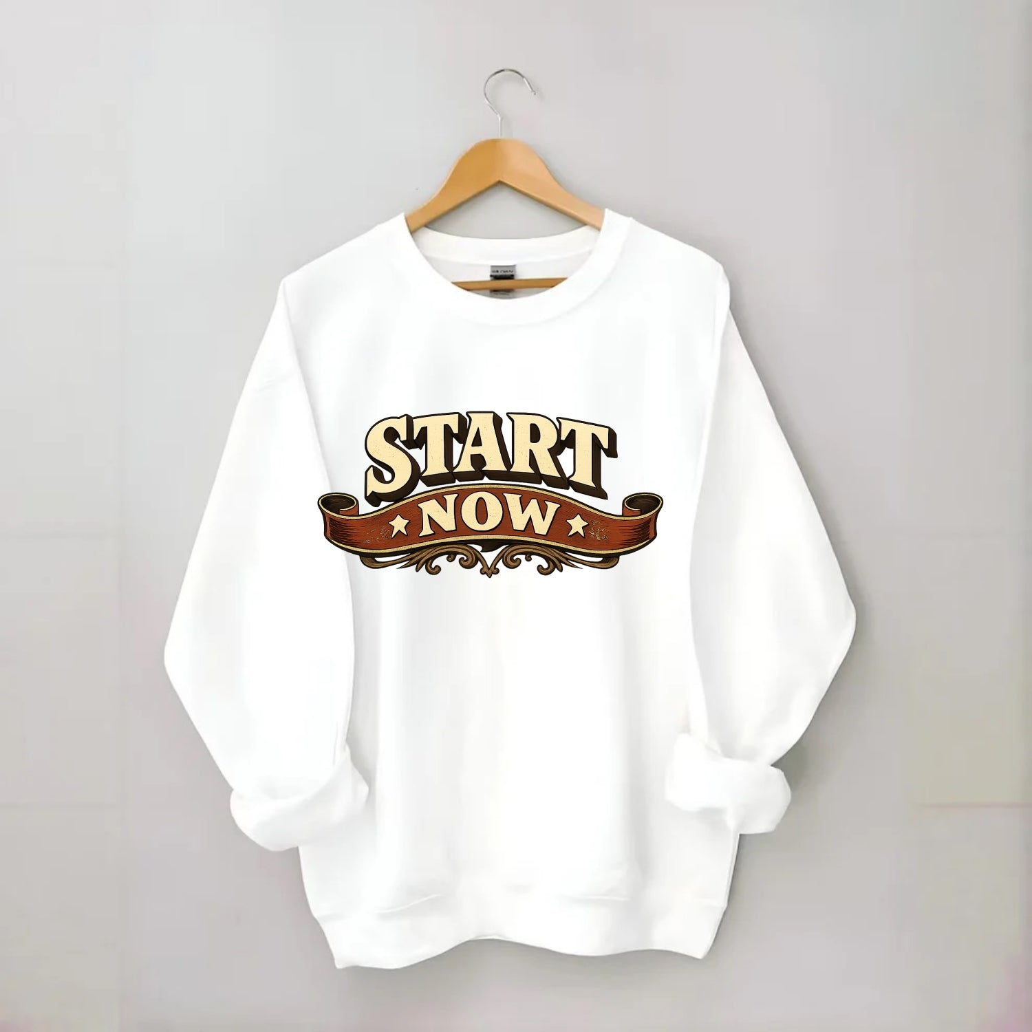 Bold typography design - "START NOW" - begin immediately, no delay - Crewneck Sweatshirt - white