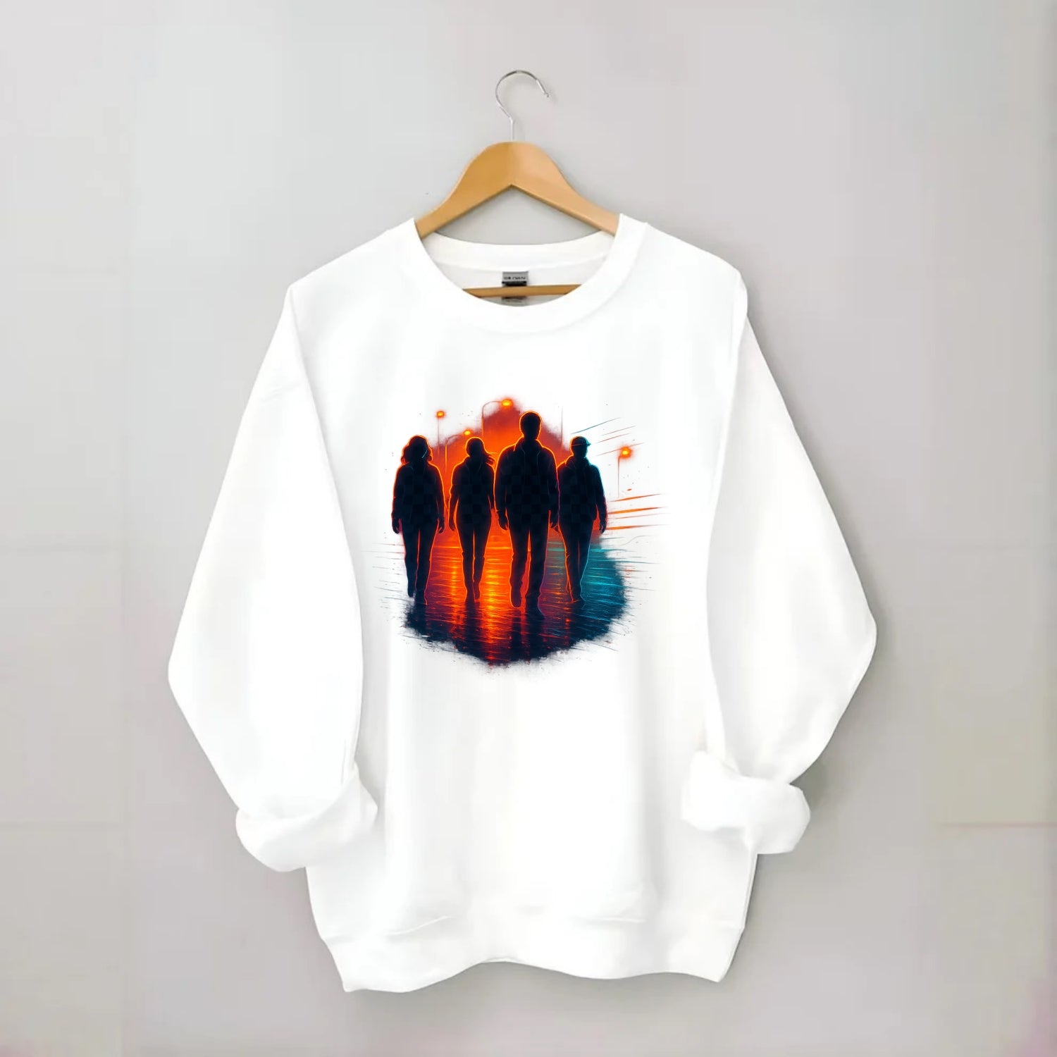 gang of silhouettes walking together at sunset by the beach - Crewneck Sweatshirt - white