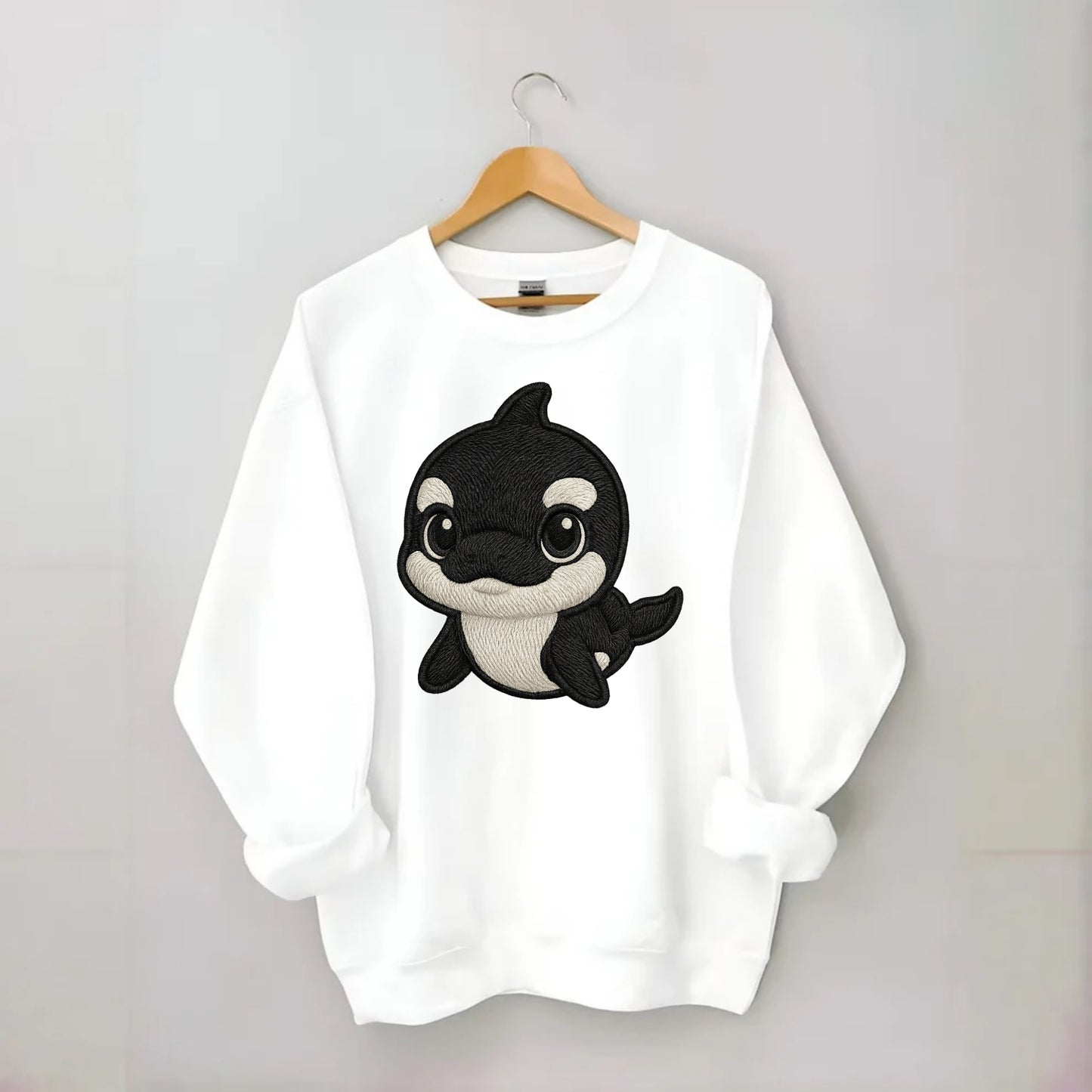 Baby Orca - black and white pattern, white eye patch, front-facing, curious - Crewneck Sweatshirt - white
