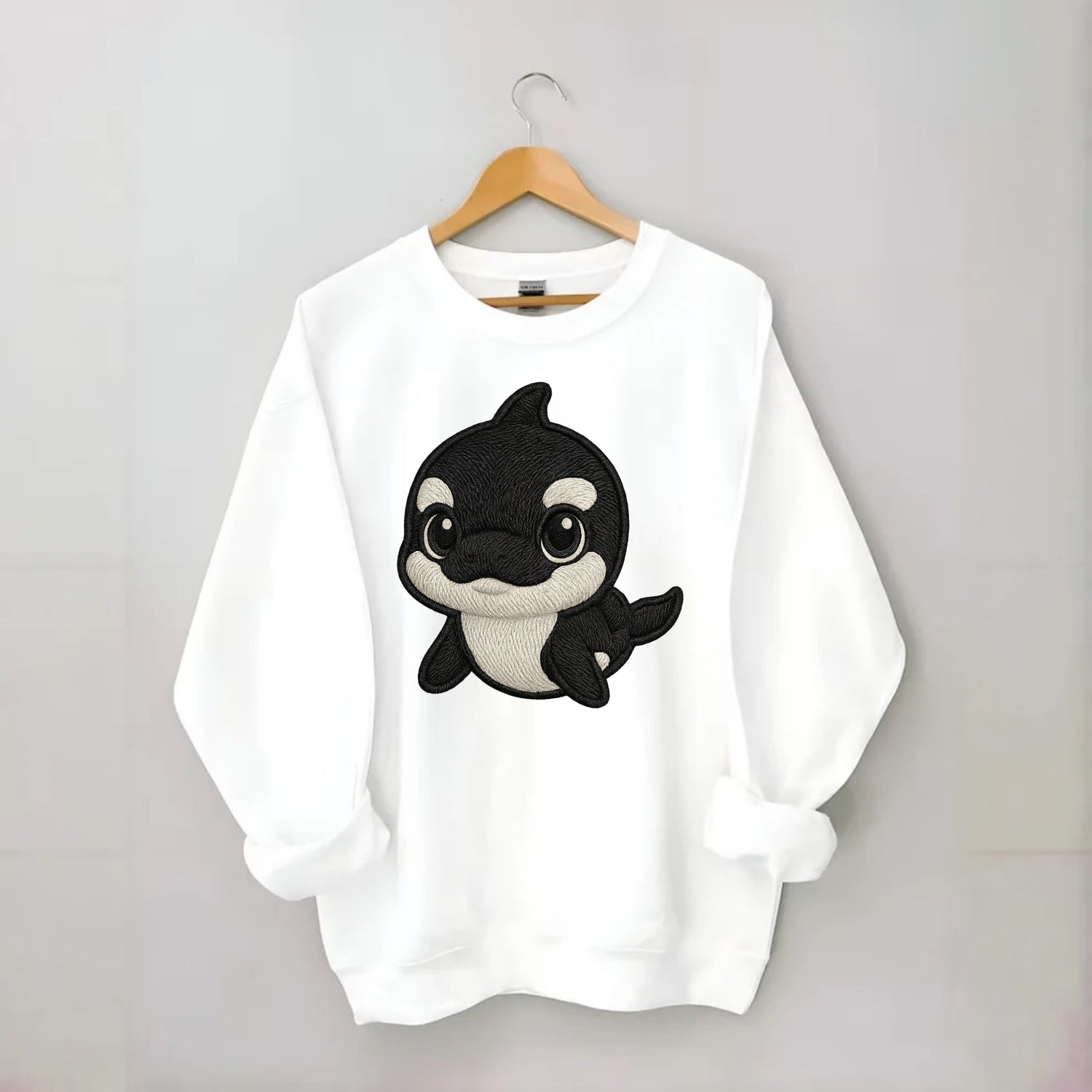 Baby Orca - black and white pattern, white eye patch, front-facing, curious - Crewneck Sweatshirt - white