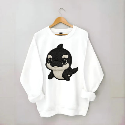 Baby Orca - black and white pattern, white eye patch, front-facing, curious - Crewneck Sweatshirt - white