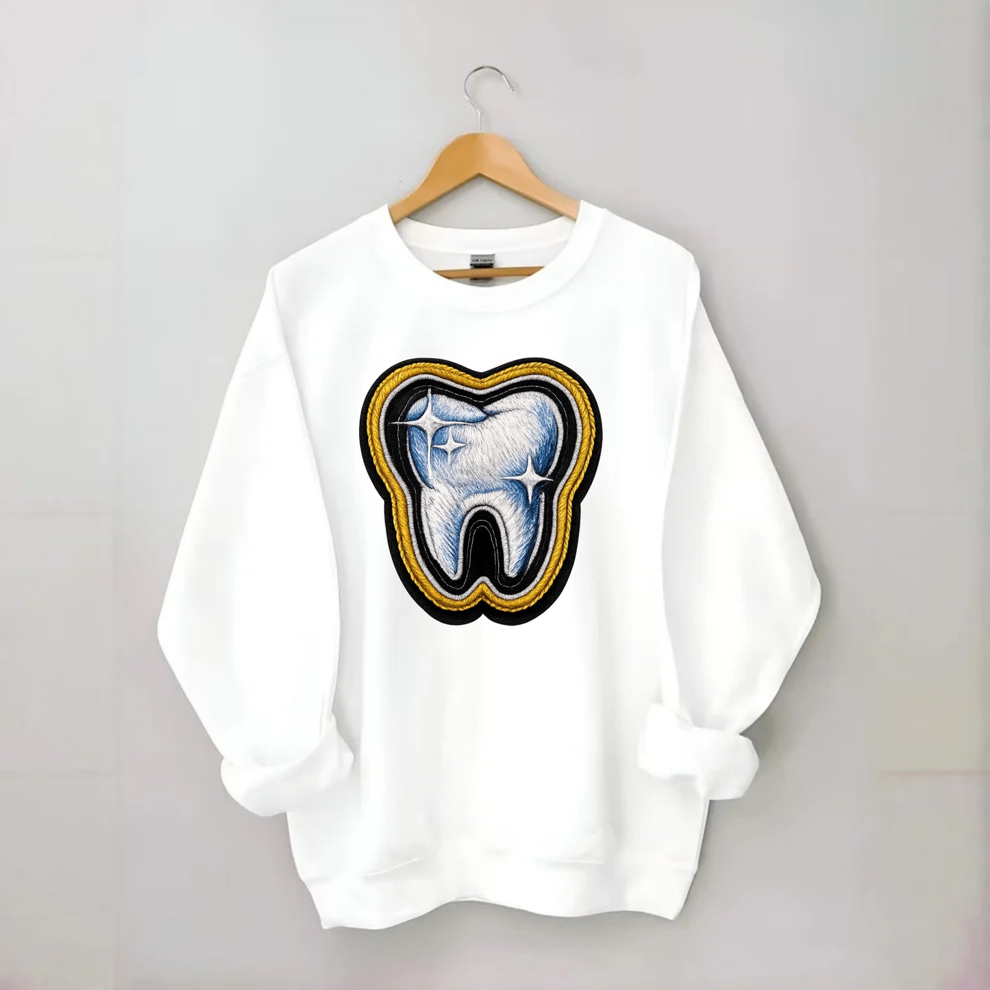 DENTAL TOOTH - molar with sparkle in white and blue , dentist - Crewneck Sweatshirt - white