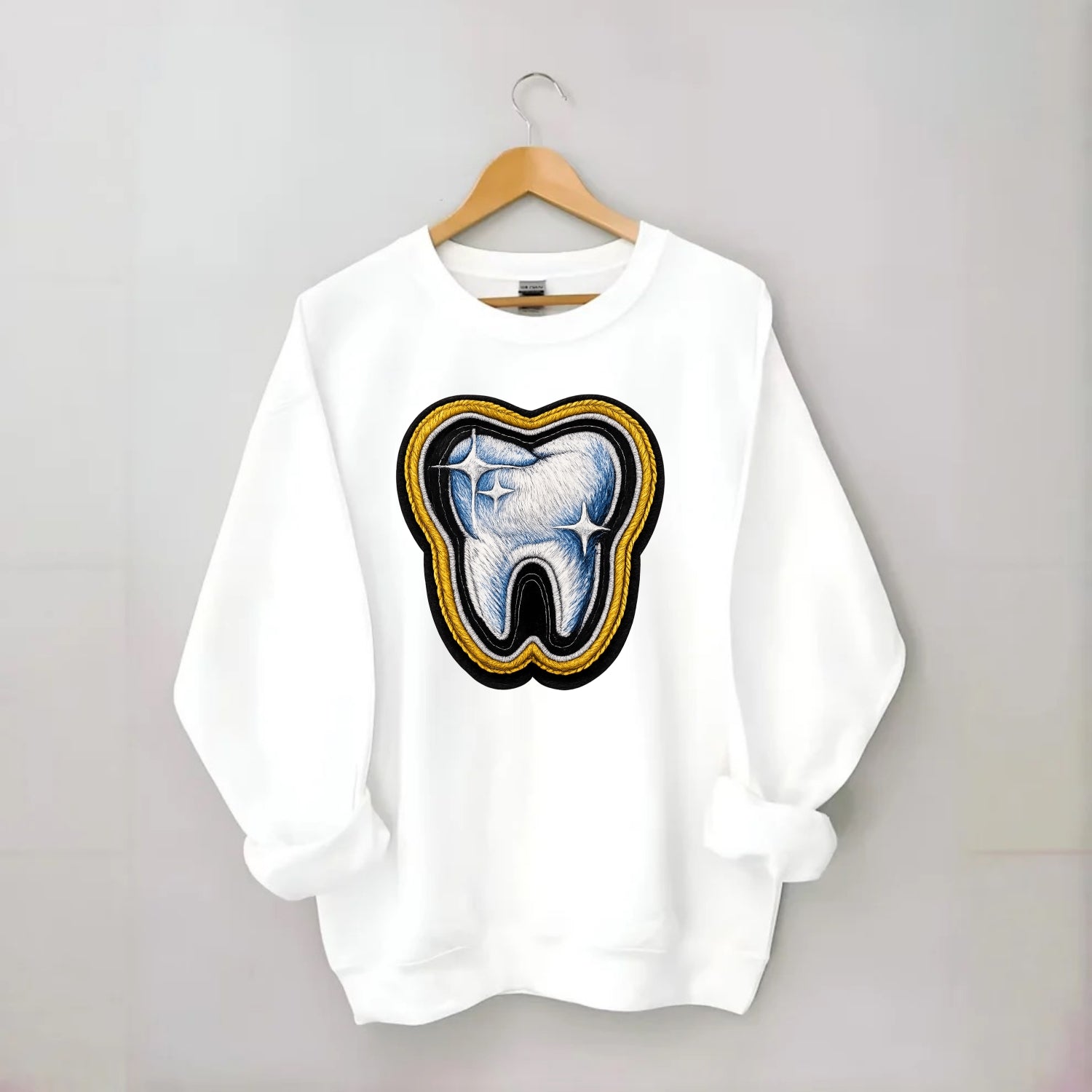 DENTAL TOOTH - molar with sparkle in white and blue , dentist - Crewneck Sweatshirt - white