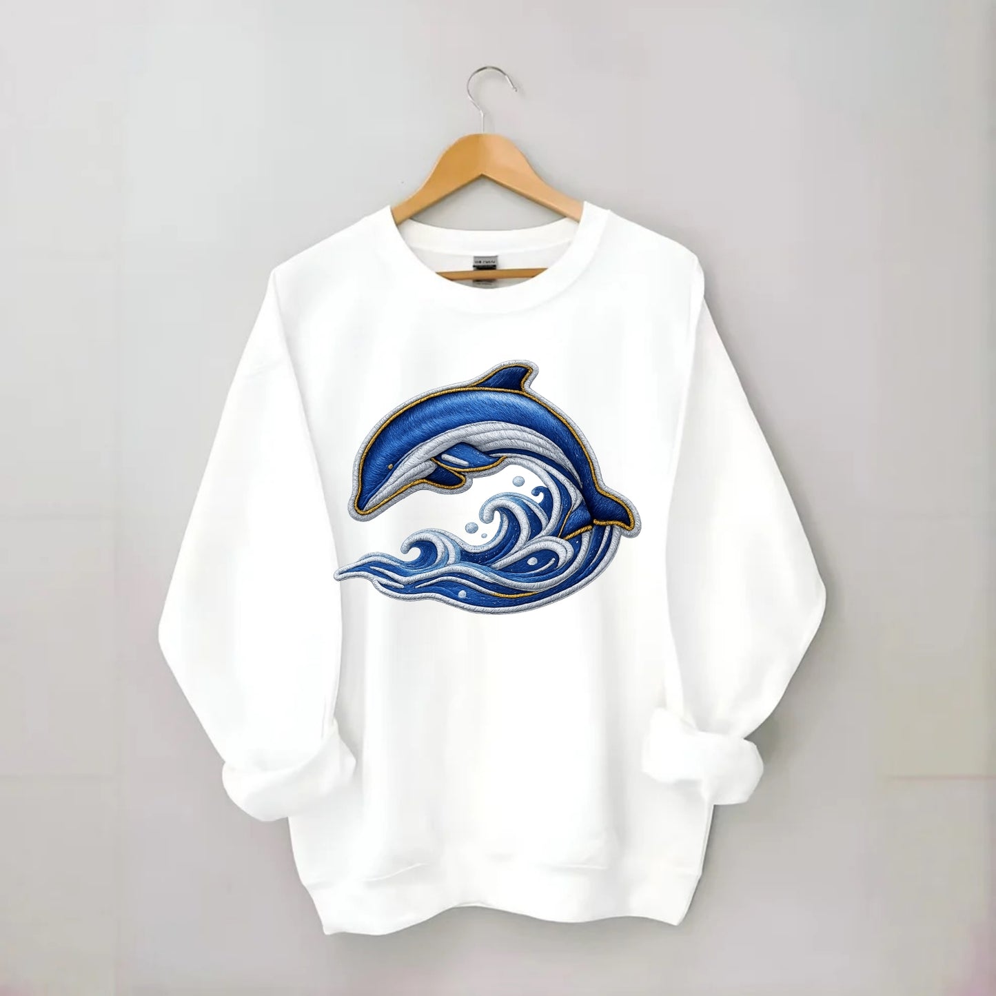 Embroidered patch design - SWIMMING DOLPHIN - diving dolphin with waves in - Crewneck Sweatshirt - white