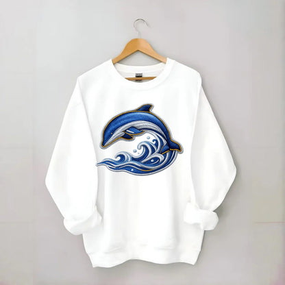 Embroidered patch design - SWIMMING DOLPHIN - diving dolphin with waves in - Crewneck Sweatshirt - white